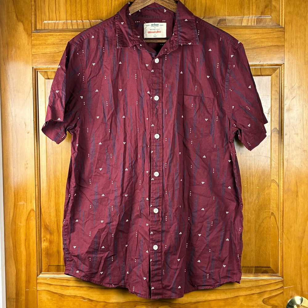 Urban Pipeline Mens Lg Burgundy Geometric Print Short Sleeve Shirt Indie Cotton